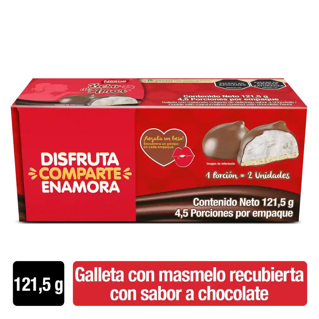 Galleta masmelo BESO DE AMOR cubierta sabor chocolate 9 Unds. x 13,5g c/u