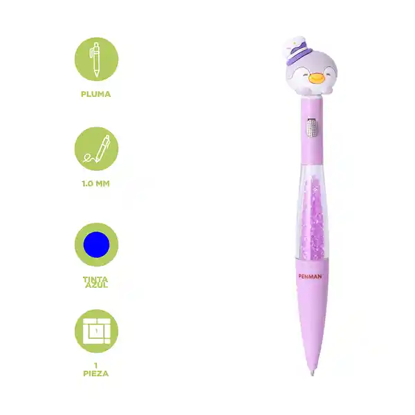 Esfero Con Brillos Tinta Azul Penguin Penman Family Gris Miniso