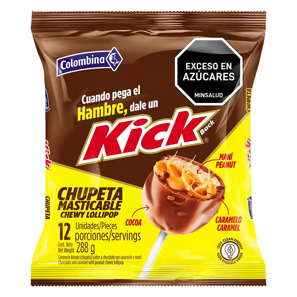 Kick Chupeta Masticable Sabor a Chocolate con Maní y Caramelo