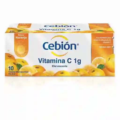 Cebión tabletas Efervescentes de Vitamina C sabor naranja con 10 unidades.