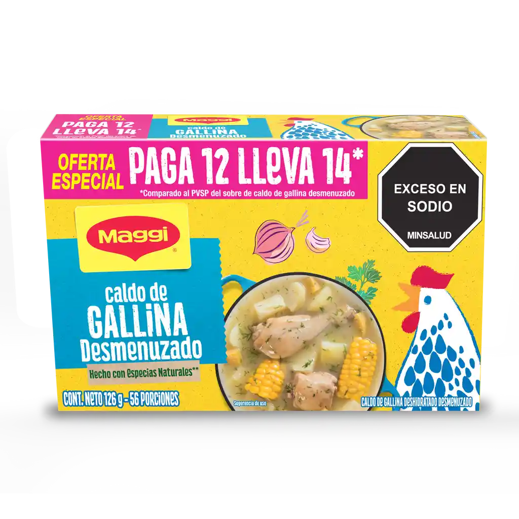Caldo de Gallina MAGGI Desmenuzado paga 12 lleva 14 sobres x 126g