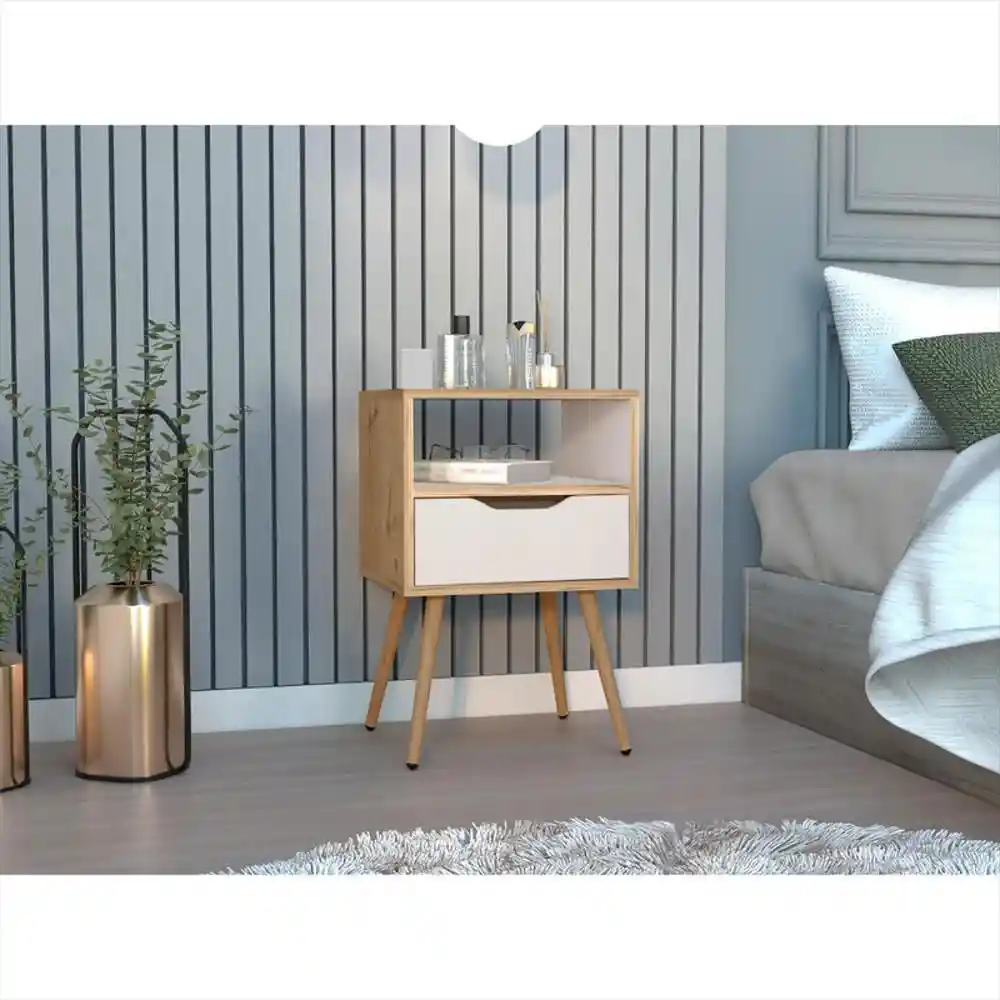 Mesa de Noche Alesio Café Claro y Blanco Con Patas en Madera y Un Cajón