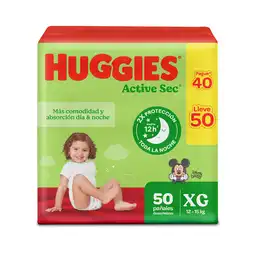 Pañales Huggies Active Sec Etapa 4/XG Pague 40 Und Lleve 50 Und