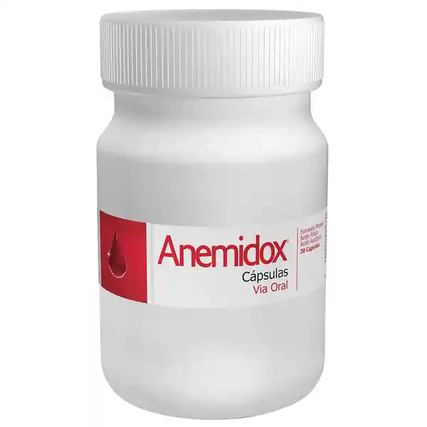 Anemidox tratamiento para la deficiencia de Hierro con Fumarato Ferroso Ácido Fólico y Vitamina C 30 Cápsulas