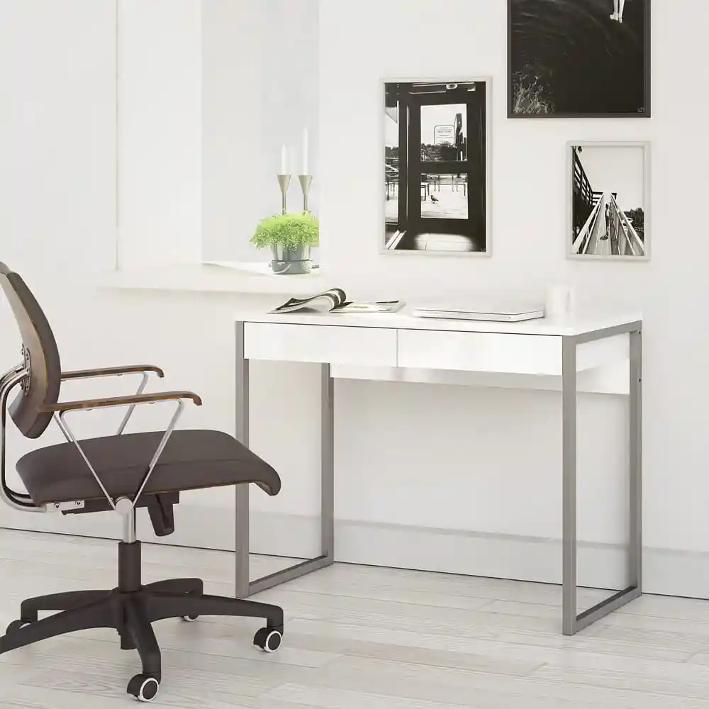 Escritorio de Dos Cajones-Blanco. Elaborado en Madeflex y Aluminio. Color Blanco. Con Forma Rectangular. Tiene Dos Cajones en Orientación Horizontal. Tamaño Ideal Para Cualquier Espacio. Medidas Del Mueble Ensamblado: Fondo 40  cm. Alto 76.5  cm. Ancho 101