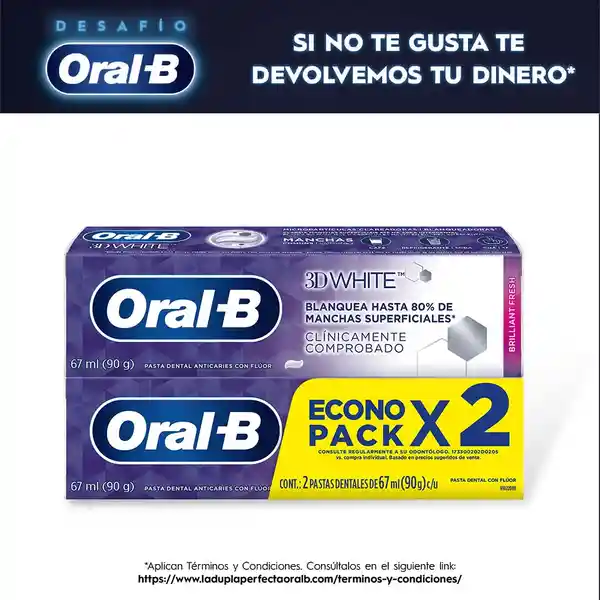 Crema Dental con Flúor Oral-B 3D White Brilliant Fresh 67ml 2 uds