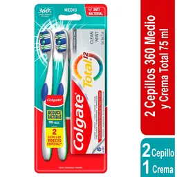 Cepillo de Dientes Medio Colgate 360° x2 + Crema Dental Total 12