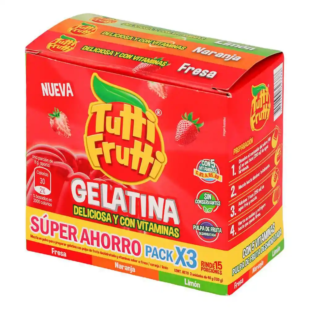 Tutti Frutti Gelatina en Polvo Sabor a Fresa, Limón y Naranja