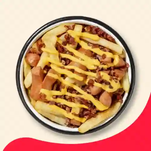 Salchipapa Queso-Tocineta