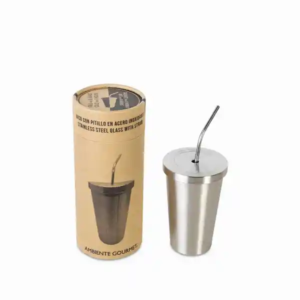 Vaso Con Pitillo en Acero Inoxidable 500 mL Ambiente Gourmet