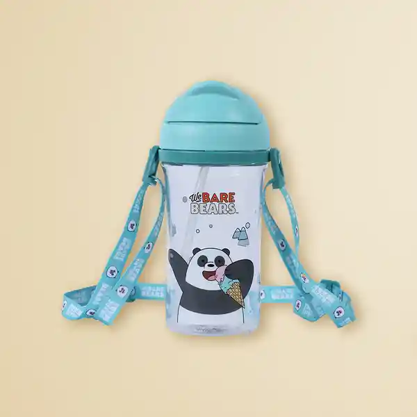 Vaso Plástico Con Pitillo y Correa Panda Azul 400 mL Miniso