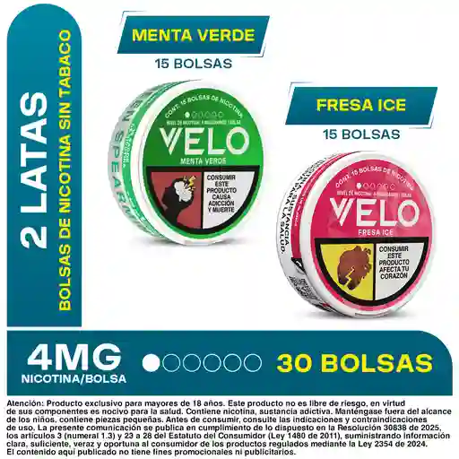 Combo Velo Bolsa de Nicotina Menta Verde 4 mg + Fresa Ice 8 mg