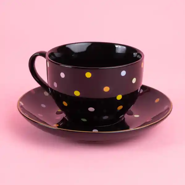 Taza Cerámica Con Posa Vaso Serie Dots Negro 240 mL Miniso