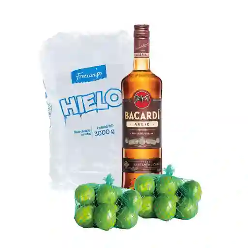 Combo Bacardi Ron Añejo 750 mL + Frescampo Hielo Cubos + Limón