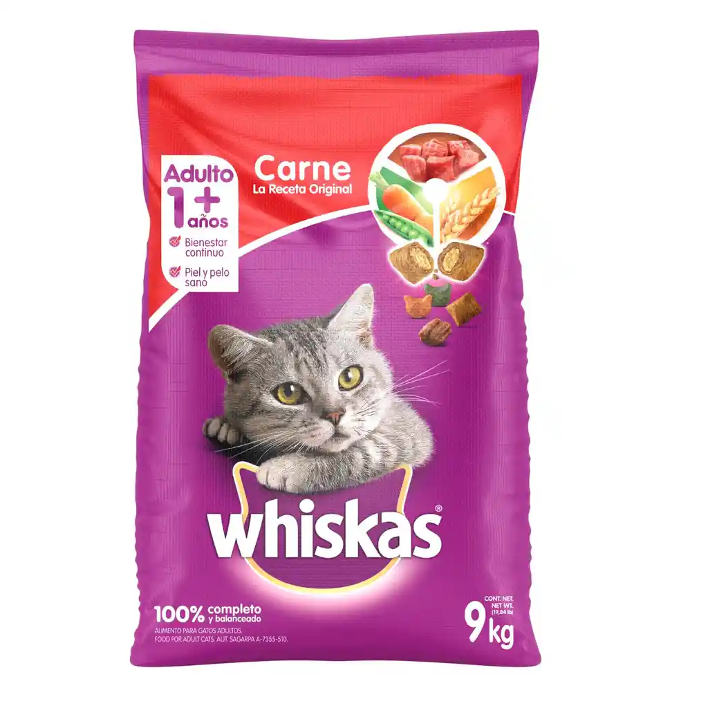 Whiskas alimento para gato adulto carne 9 kg