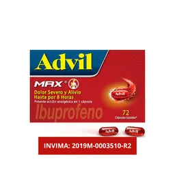Advil Max Alivio De Los Dolores Asociados a La Inflaamcion, IBUPROFENO, X 72 CAPS*​
