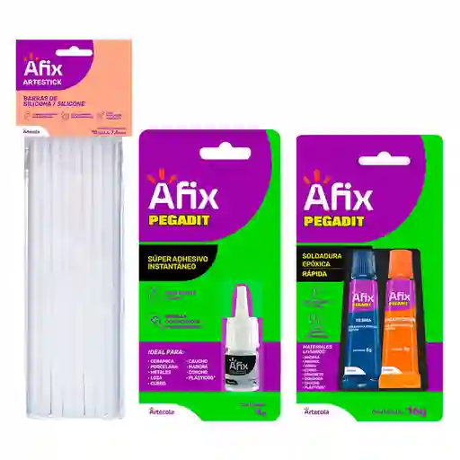 Afix Kit Barra Silicona + Adhesivo Súper + Soldadura Epóxica