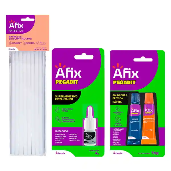 Afix Kit Barra Silicona + Adhesivo Súper + Soldadura Epóxica