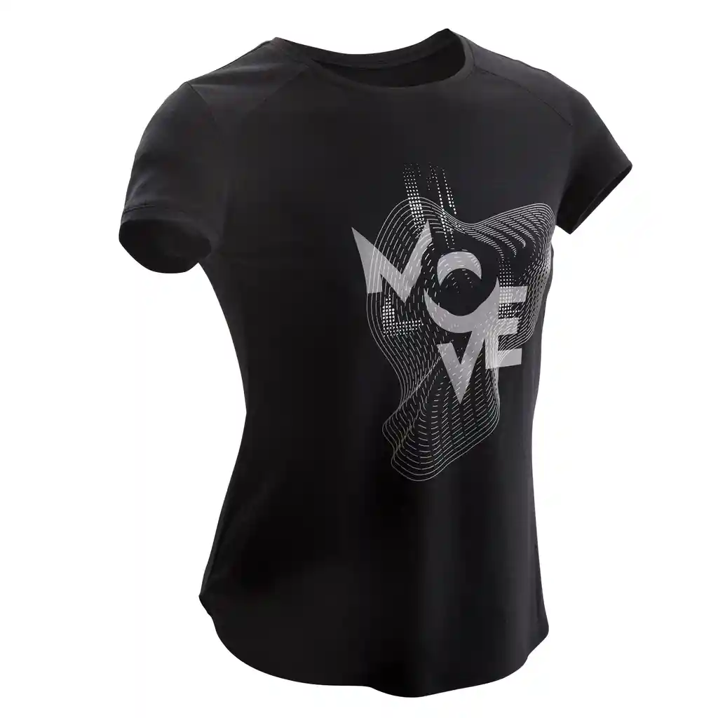Camiseta de Fitness Manga Corta Para Niña Domyos 500 Negro Estampado
