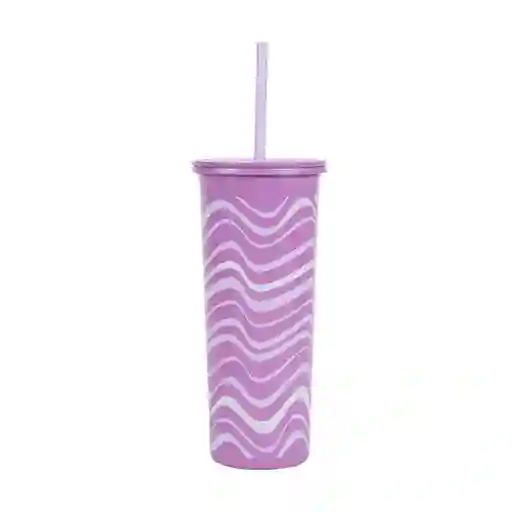 Vaso de Acero Con Pitillo Olas Rosa 800 mL Miniso