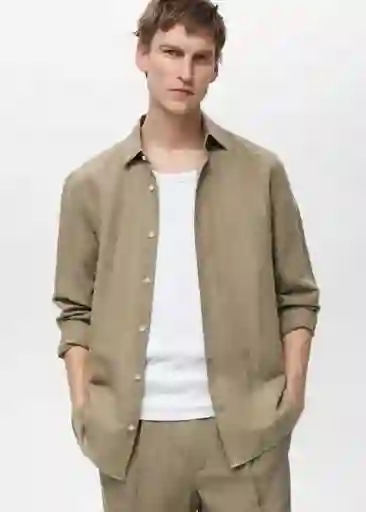 Camisa Rug Khaki Talla M Hombre Mango