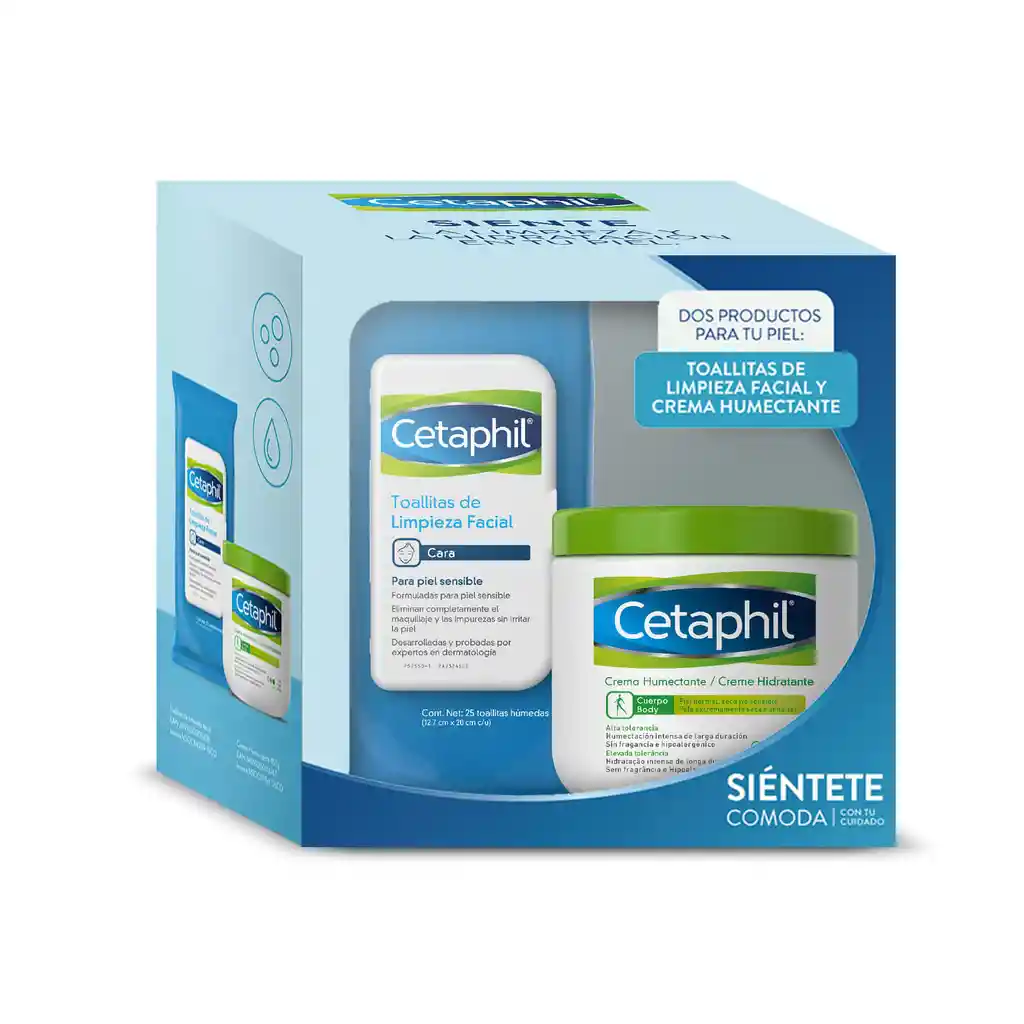Cetaphil Crema Humectante y Toallas Húmedas de Limpieza Facial