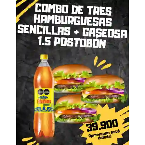 Combo 3 Hamburguesas Sencillas + Gaseosa