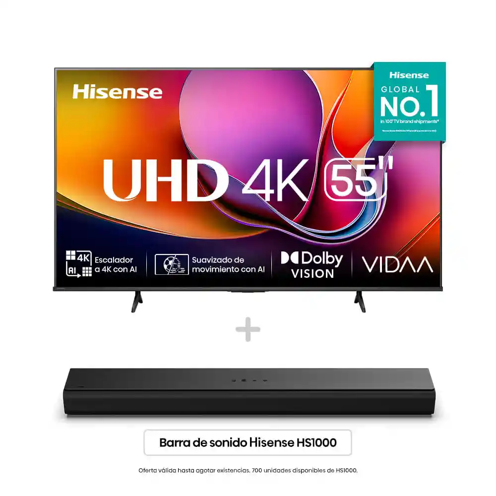 Televisor Hisense 55" Uhd 4k Smart Tv Negro 55a6nv + Barra de Sonido Hs1000