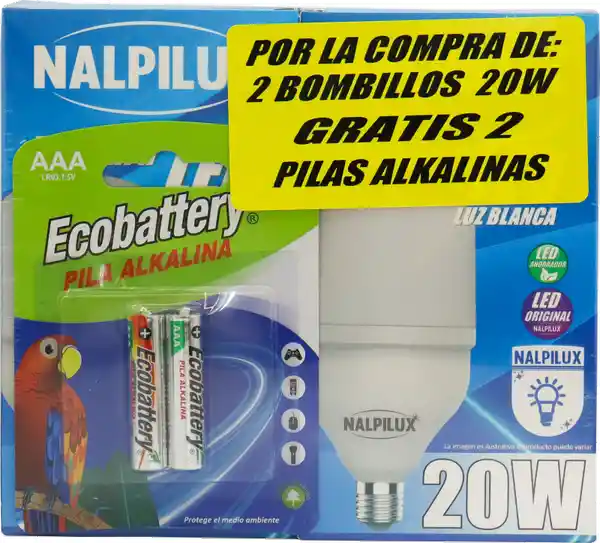 Nalpilux Bombillo 20W Led + Pila Ecob