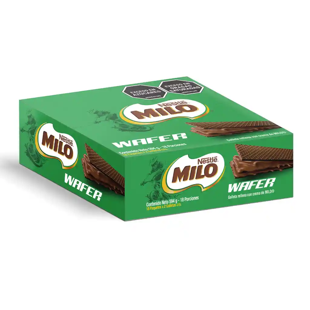 Galleta wafer de chocolate, rellena de crema de MILO 33 gr por 18 unidades