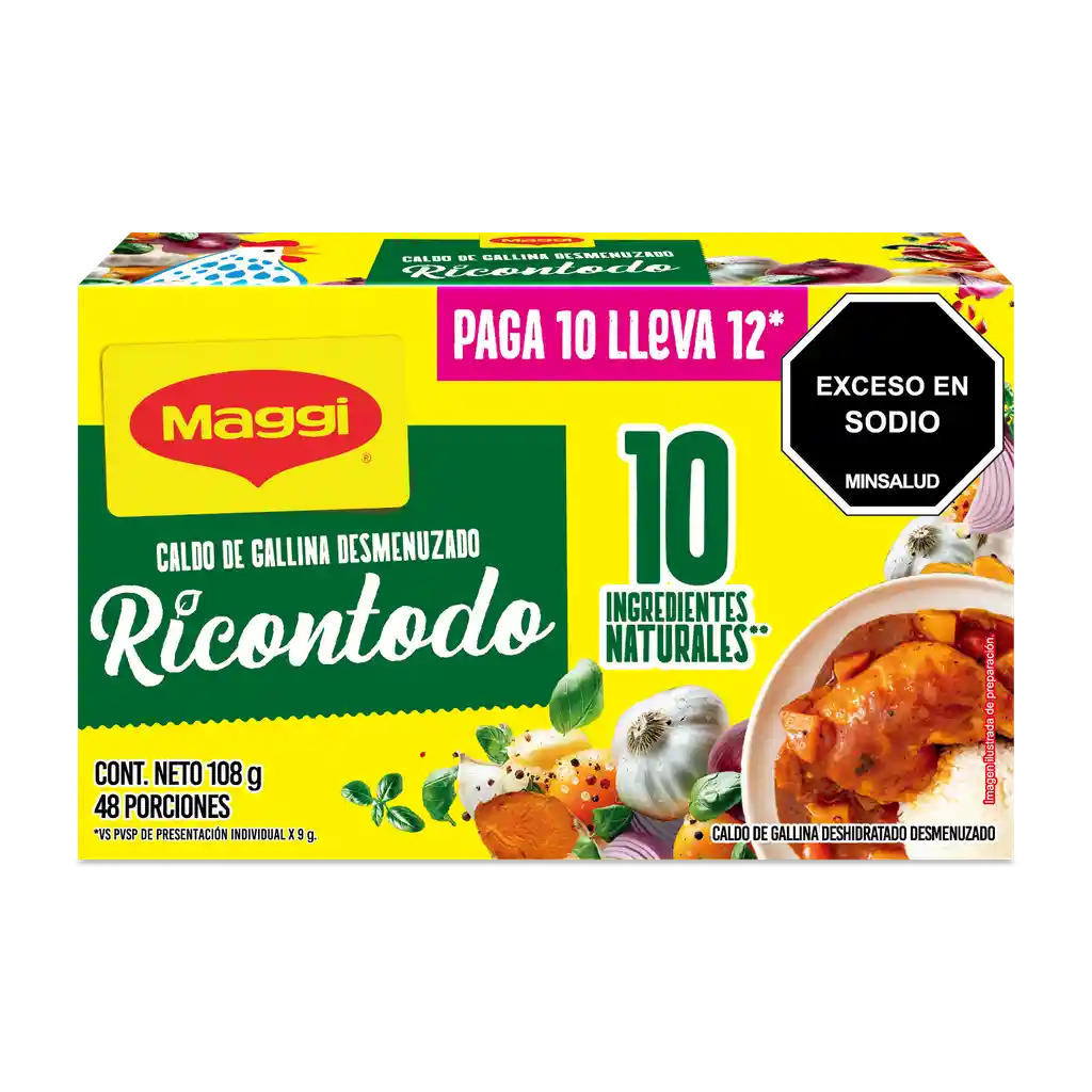 MAGGI Caldo de Gallina Desmenuzado Ricontodo pague 10 lleve 12 sobres 9g c/u