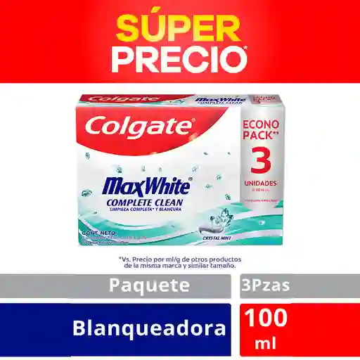 Crema Dental Colgate Max White Complete Clean 100 mL x 3 Und