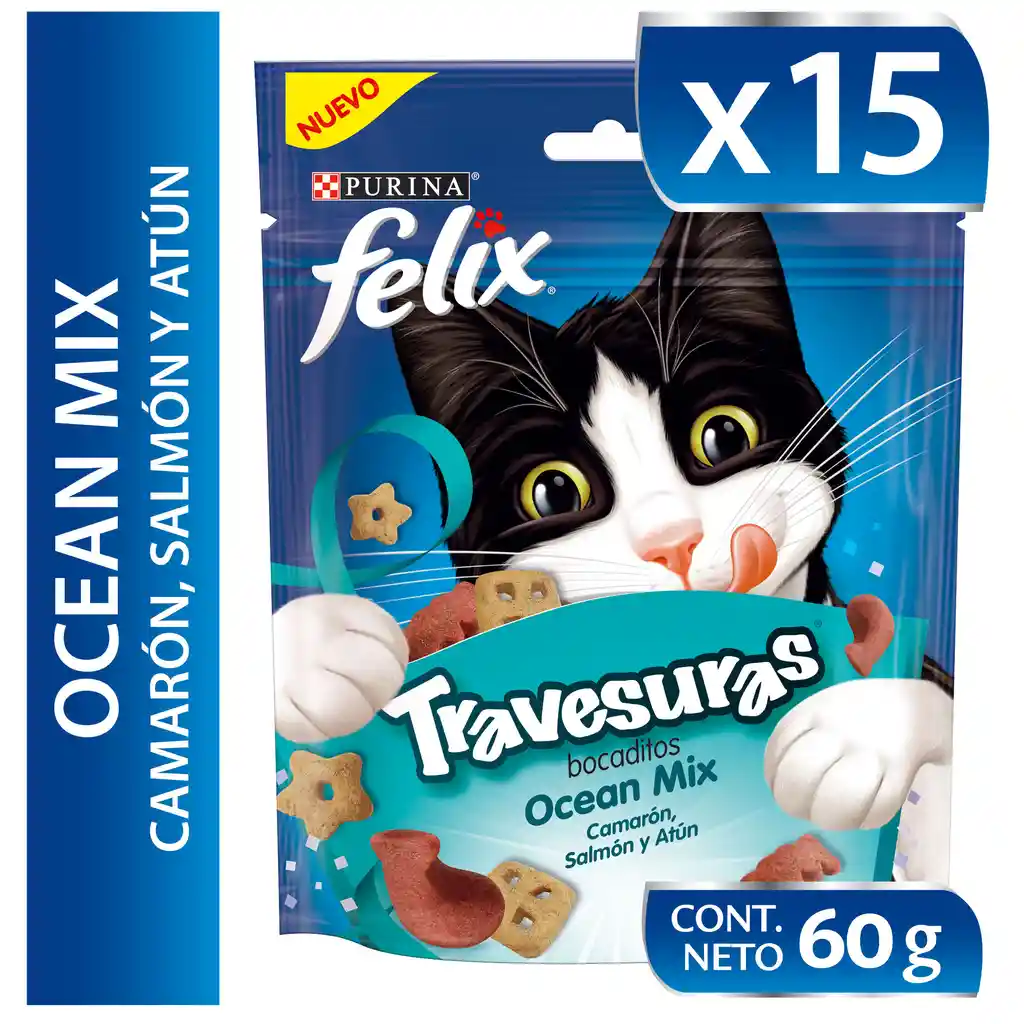 Snack para gatos adultos de todas las razas Purina Felix Travesuras sabor a Camarón, Salmón y Atún x 60gr