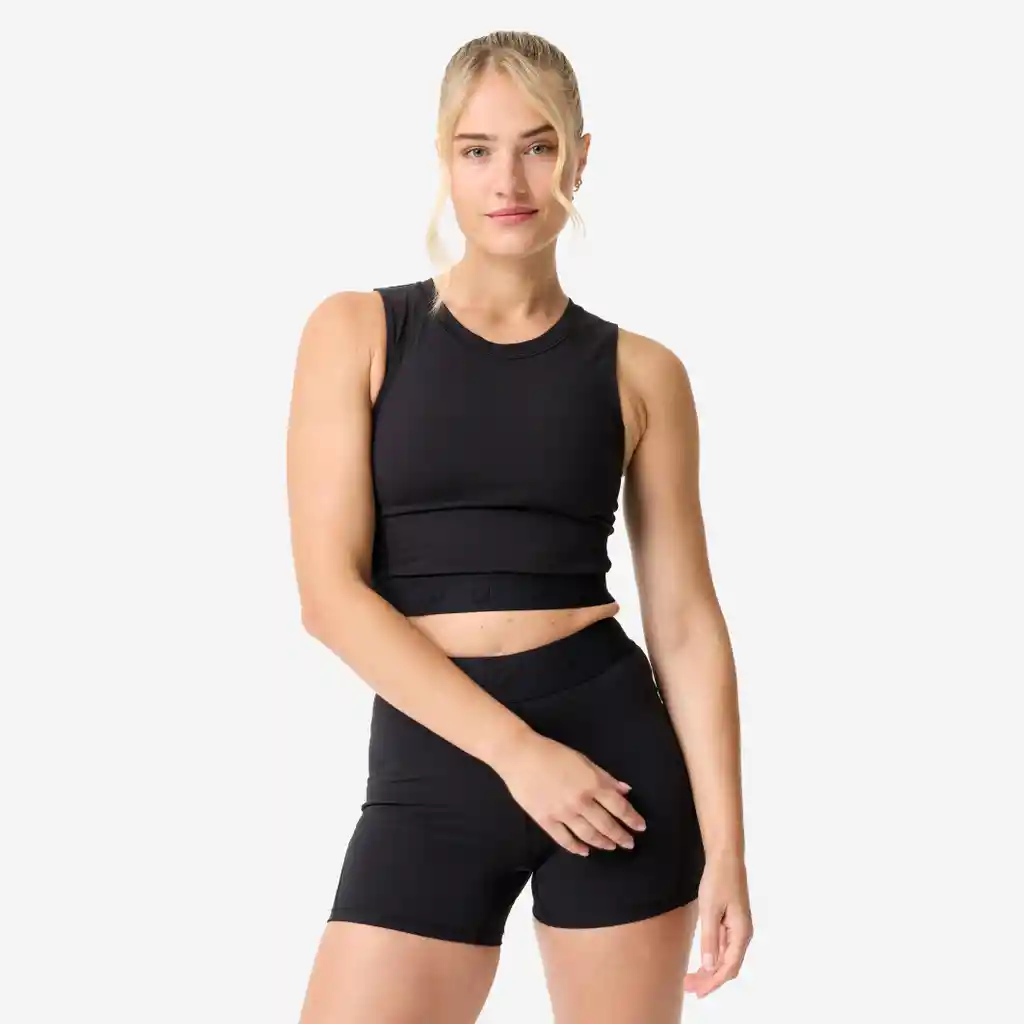 Camiseta Crop-top Deportiva Cintura Elástica Mujer Negro