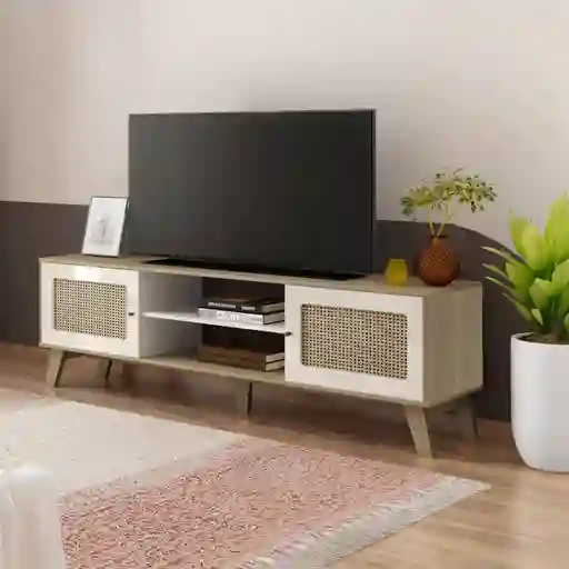 Mueble Tv 75" en Mdp Bertolini Charlotte Roble Off White