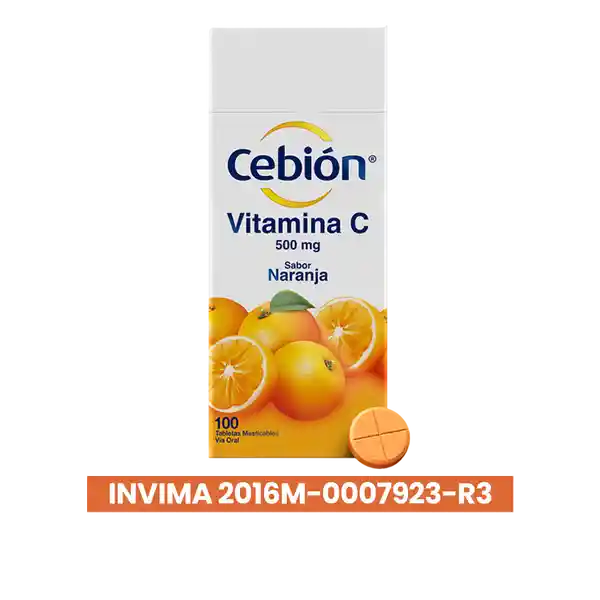 Cebión tabletas Masticables de Vitamina C sabor a Naranja con 100 unidades