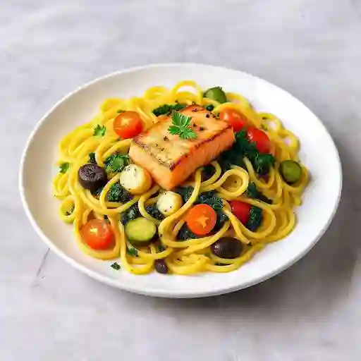 Pasta Al Pesto con Salmón