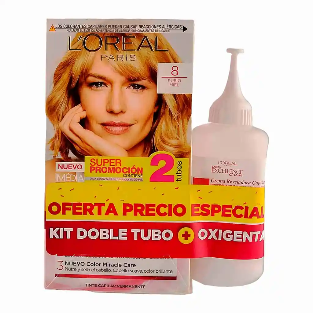 Loreal Paris Tinte Permanente Excellence Tono 8 Rubio Miel con Oxigenta