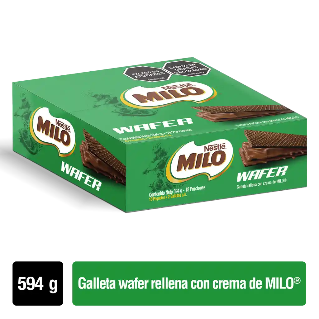Galleta Wafer de chocolate, rellena de crema de MILO Display de 594g y 18 unidades por 33g
