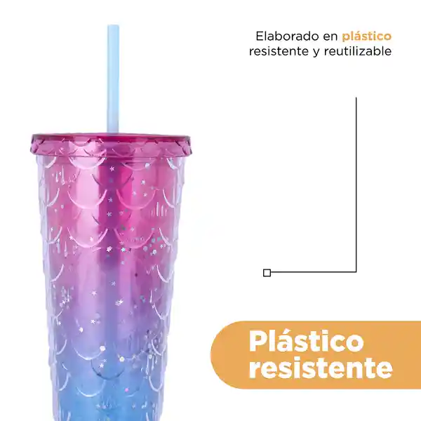 Vaso de Plástico Brillante Con Correa Rosa y Azul 680 mL Miniso
