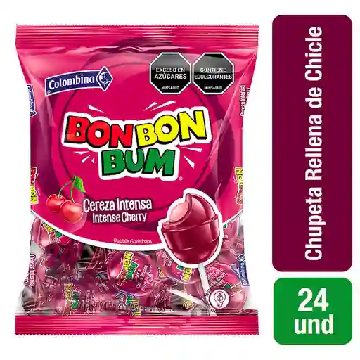 Bon Bon Bum Chupeta Rellena de Chicle Sabor a Cereza Intensa x 24 und