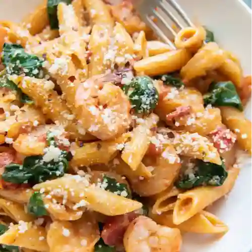 Pasta con Camarones y Bebida