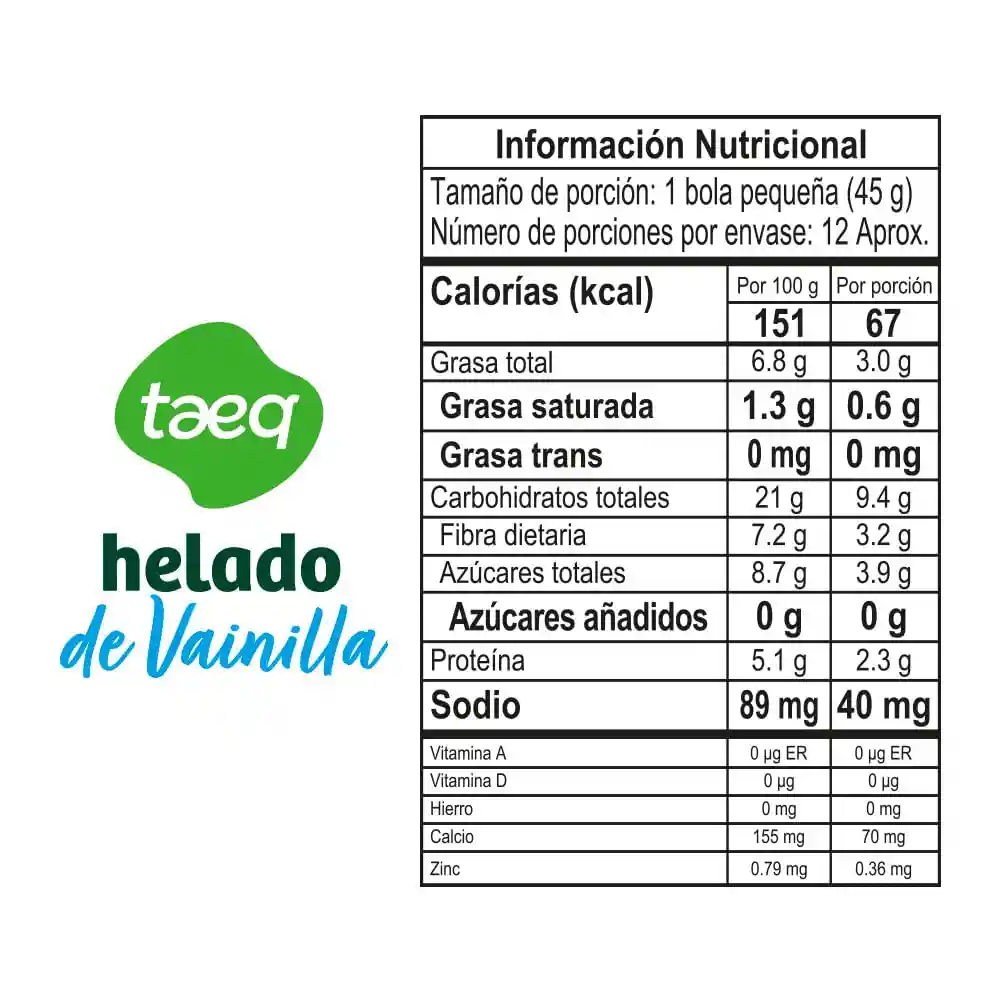 Helado Taeq de Vainilla Endulzado Con Stevia (560 Gr)