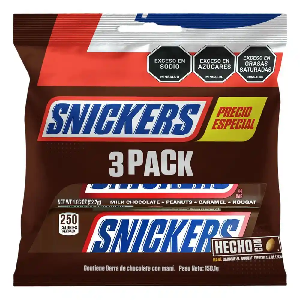 Precio Especial Barra Snickers Chocolate Mani 3 Und (158.1 Gr)