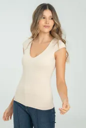 Camiseta Basica Escote V Color Beige Claro Talla XS Ragged