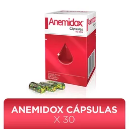 Anemidox tratamiento para la deficiencia de Hierro con Fumarato Ferroso Ácido Fólico y Vitamina C 30 Cápsulas