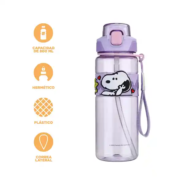 Botella de Plástico de Con Correa Snoopy Morado 800 mL Miniso