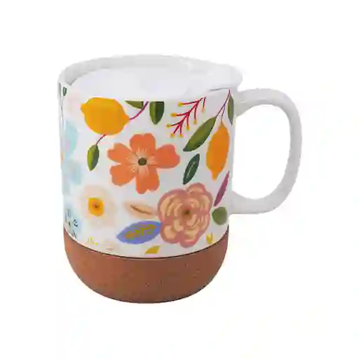 Taza Cerámica Con Tapa y Fondo de Corcho Flower 300 mL Miniso
