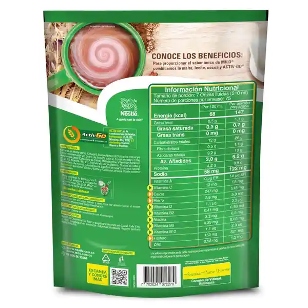 Modificador de leche MILO a base de malta y cocoa x 1500g