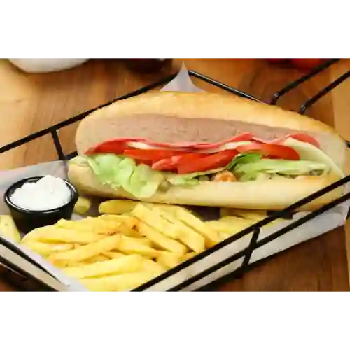 Sandwich Jamon, Queso y Tocineta + Papas